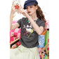 Y2K Cartoon Print Crop T-Shirt Short Sleeve Ruched Side Slim Fit Tee for Women
