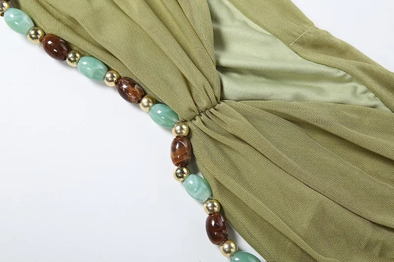 2 Piece Set Beaded Halter Top and Long Skirt Green Sexy Vacation Outfits Women Matching Sets Summer 2026