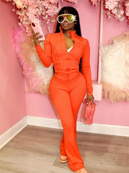 Sporty 2-Piece Set Women Zip o-Neck Hollow Long Sleeve Coat+Stretch Trouser Solid Autumn Trend Simple Daily Street Suits