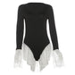 Hottie Lace Patchwork Bodysuit Women U-Neck Jacquard Ruffle Elegant Sexy Simple Fashion Stretch Slim Street Clubwear
