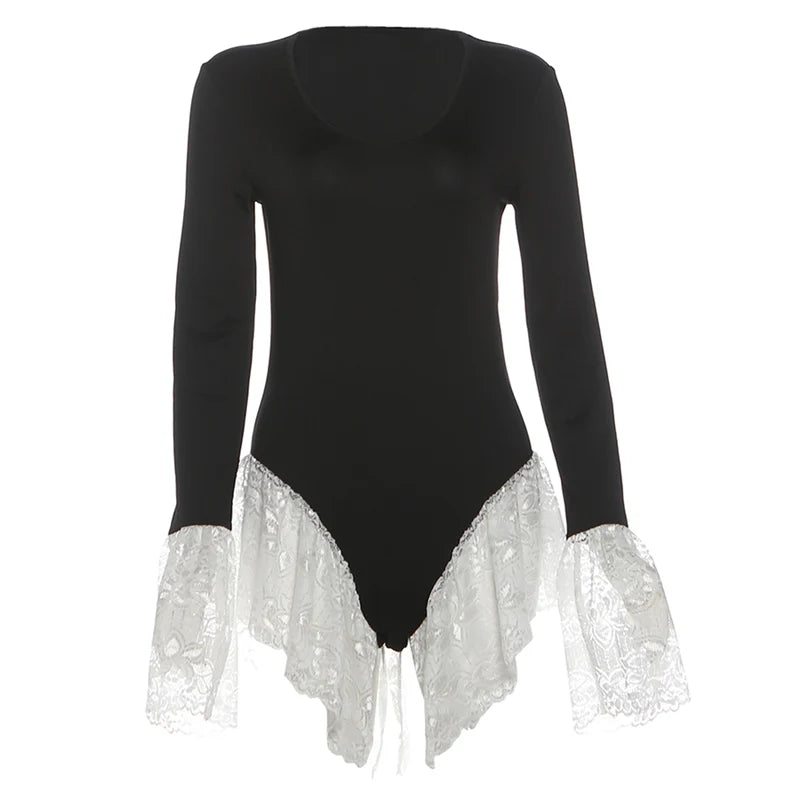 Hottie Lace Patchwork Bodysuit Women U-Neck Jacquard Ruffle Elegant Sexy Simple Fashion Stretch Slim Street Clubwear