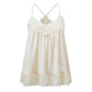 Vintage Lace Trim Cami Top Women V Neck Pearl Detail Loose Pleated Satin Camisole Sleeveless Casual Daily Tank Blouse