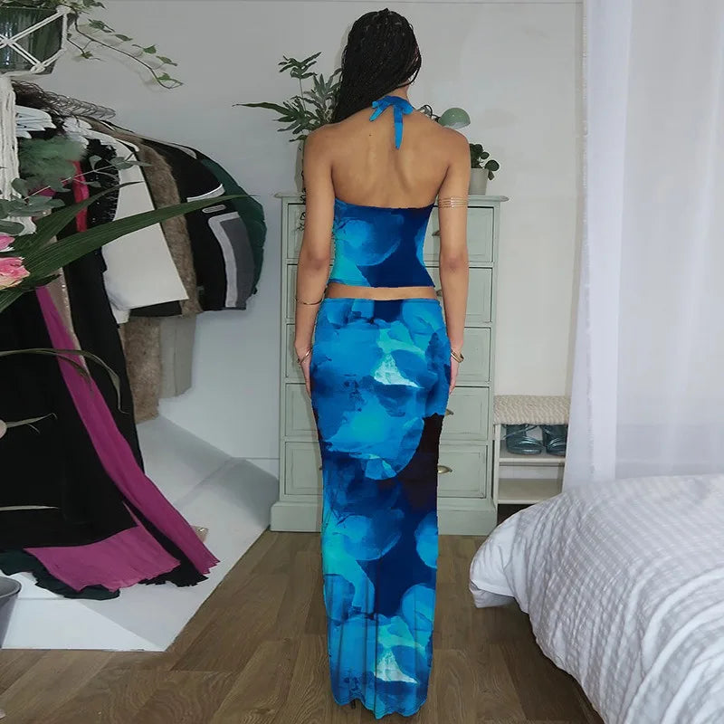 Flower Print Backless Halter Top and Maxi Skirt 2 Piece Set Elegant Sexy Summer Vacation Outfits Women