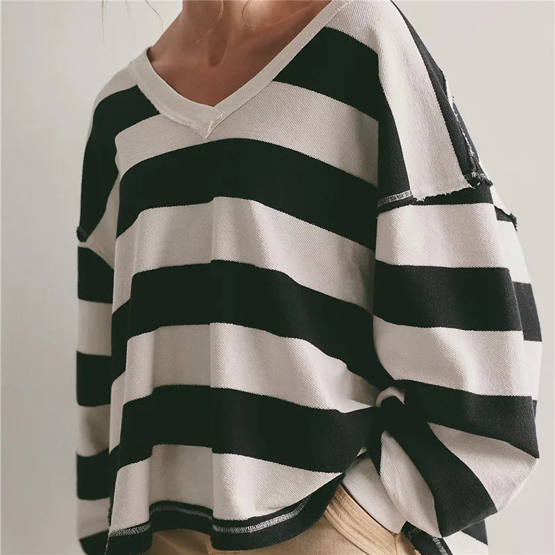 Oversized Striped V Neck Raw Hem Cropped Sweatshirt Women Loose Long Sleeve Pullover Winter Autumn Casual Streetwear
