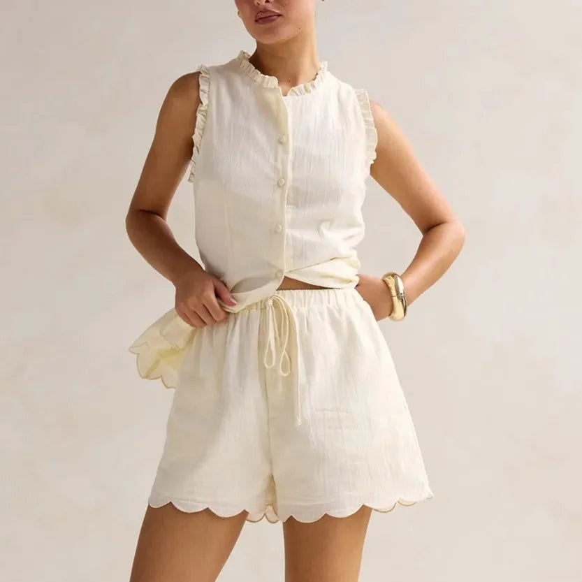 Women’s Casual 2 Piece Outfits Summer Sleeveless Ruffle Trim Tank Tops and Elastic Waist Shorts Set Vacation Beachwear