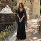 V-neck Floor-length Evening Gown with Mesh Flowing Cape Sleeves White Black Elegant Maxi Dresses Wedding