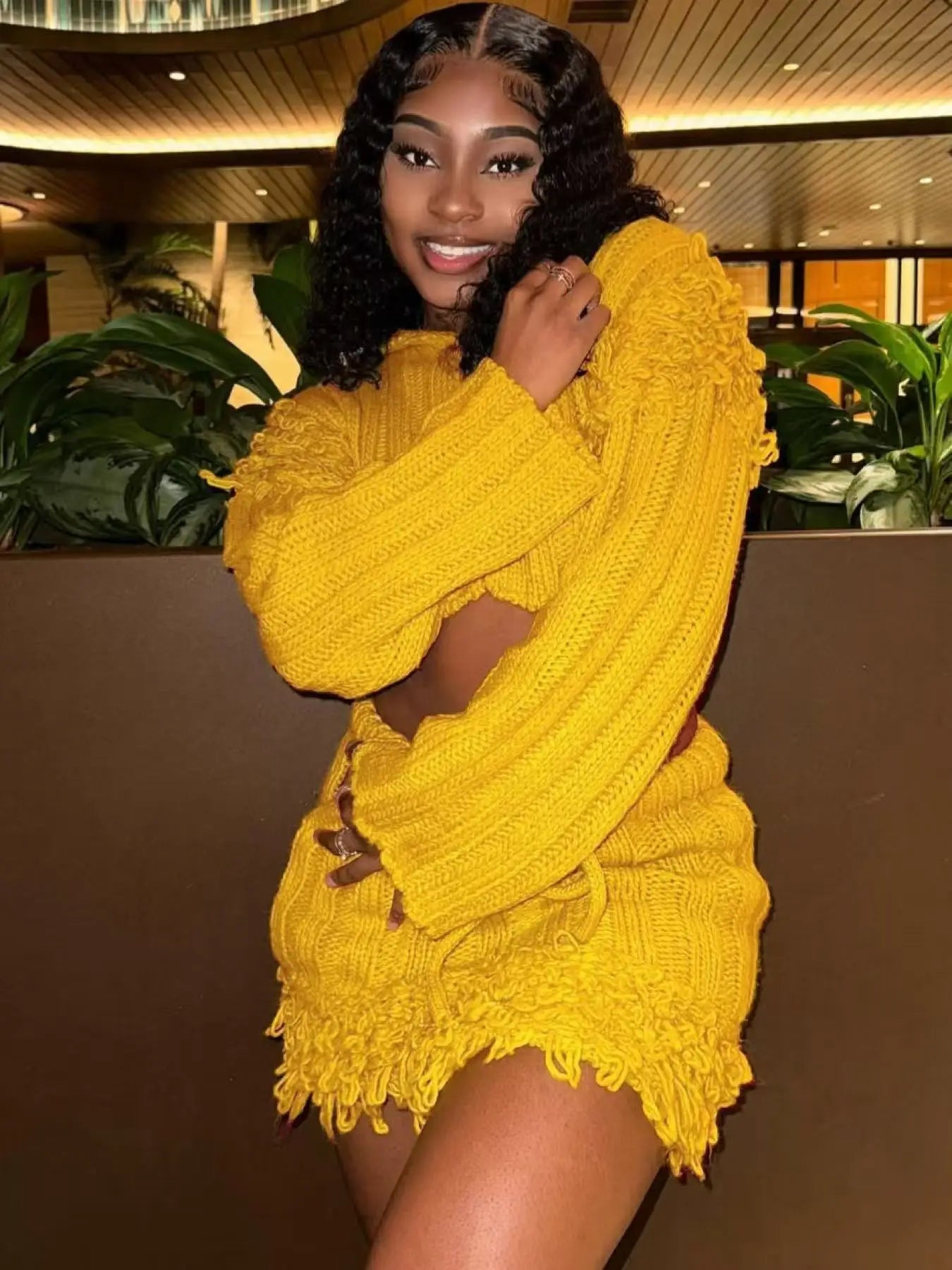 Sexy Knit Tassel 2-Piece Set Women Button Crop Cardigan+Drawstring Peach Hip Skirt Matching Stretch Skinny Outfits