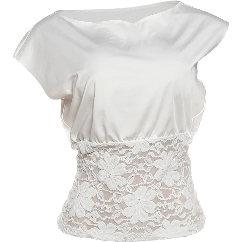 Jacquard Patchwork T-Shirts Woman Skew Collar Casual Fashion Off Shoulder Design Skinny Stretch Street Elegant Style Tees