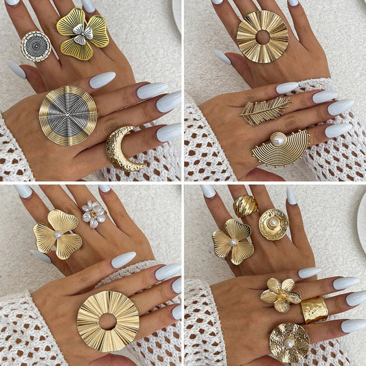 18 Styles Vintage Punk Petal Flowers Rings for Women 2025 Trend Goth Geometric Adjustable Rings New Year Party Jewelry