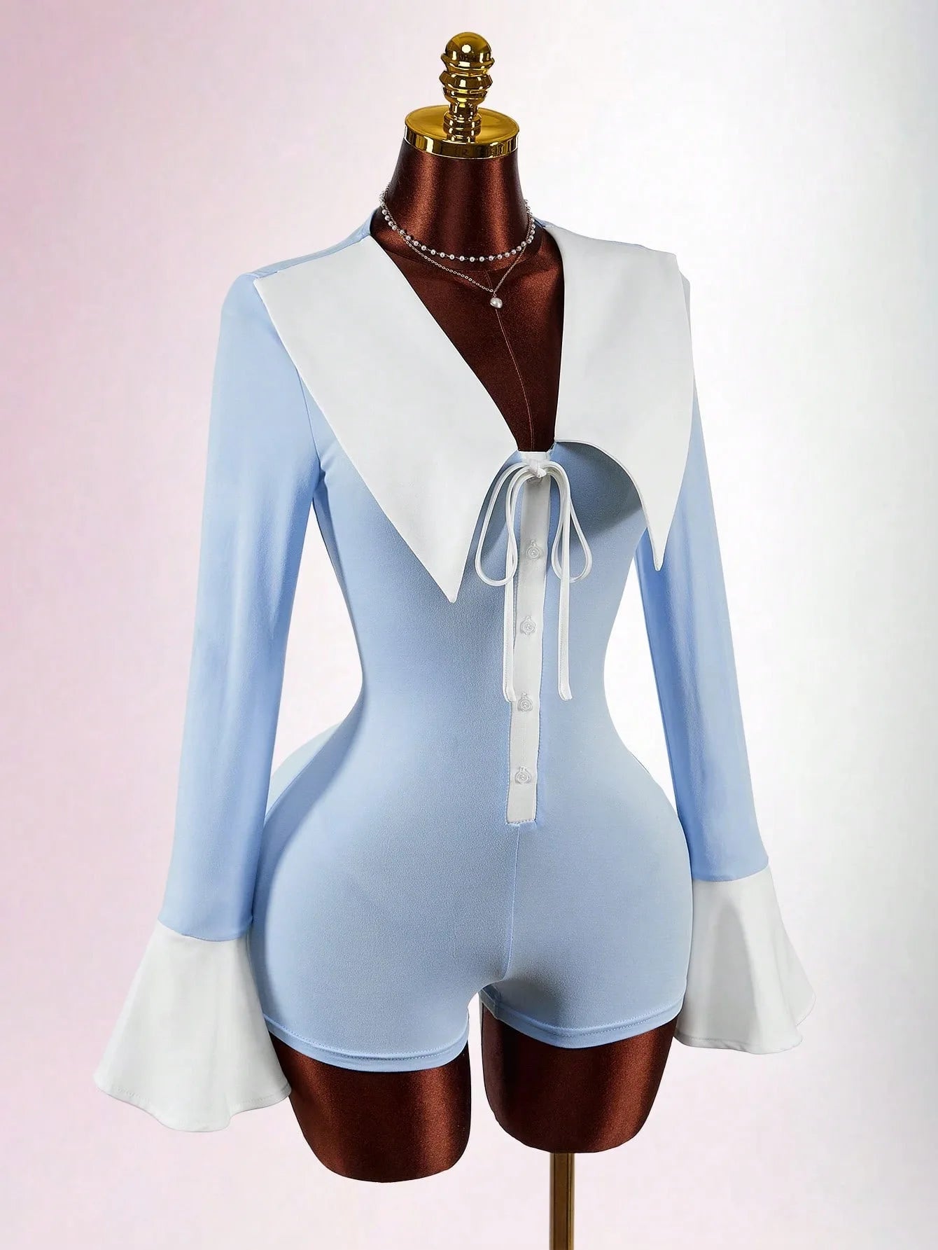Patchwork Romper Women 2026 Spring Fashion Button Lace Up Flare Sleeve Clubwear Casual Elegant Simple Basic Playsuit