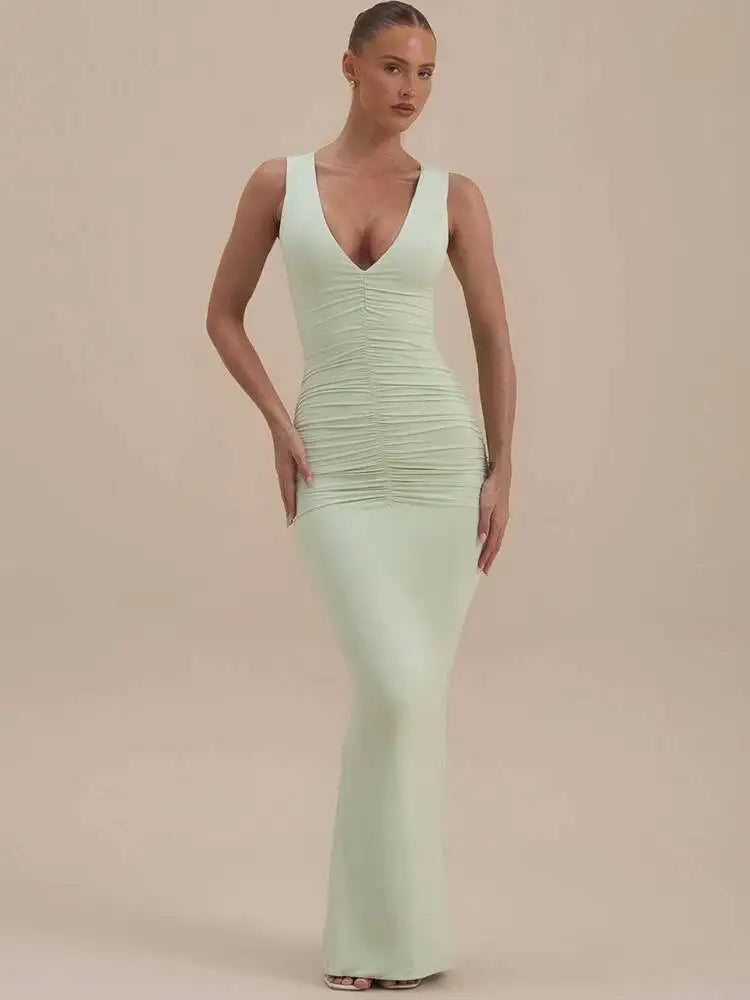 Deep V Neck Sleeveless Sexy Maxi Dress Women Elegant Ruched Bodycon Back Split Club Party Long Dress Female Clubwear