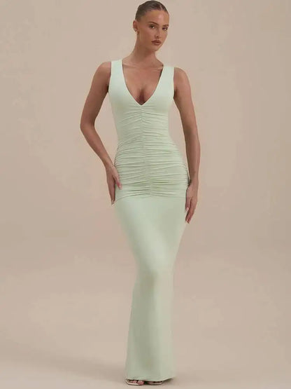 Deep V Neck Sleeveless Sexy Maxi Dress Women Elegant Ruched Bodycon Back Split Club Party Long Dress Female Clubwear
