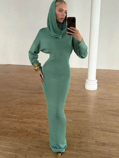Elegant Sexy Hooded Dress Women Autumn Trend Full Sleeve New Style Simple Solid Christmas Stretch Skinny Maxi Bodycon