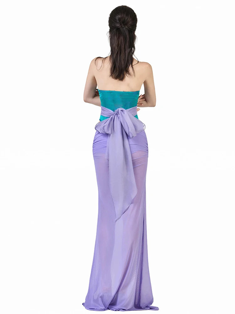 Sweet 2-Piece Set Women Patchwork Tassel Single-Breasted Line Decoration Tank Top+Folds See Through Skirt Chic Suit