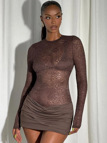 Lace See Through Ruched Sexy Mini Dress Women Elegant Fashion Sheer O Neck High Waist Long Sleeve Club Party Dresses