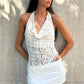 Women's Y2K Lace Halter Top Cowl Neck Sleeveless Asymmetric Hem See-Through Mesh Slim Fit Club Party Cami Tank Top