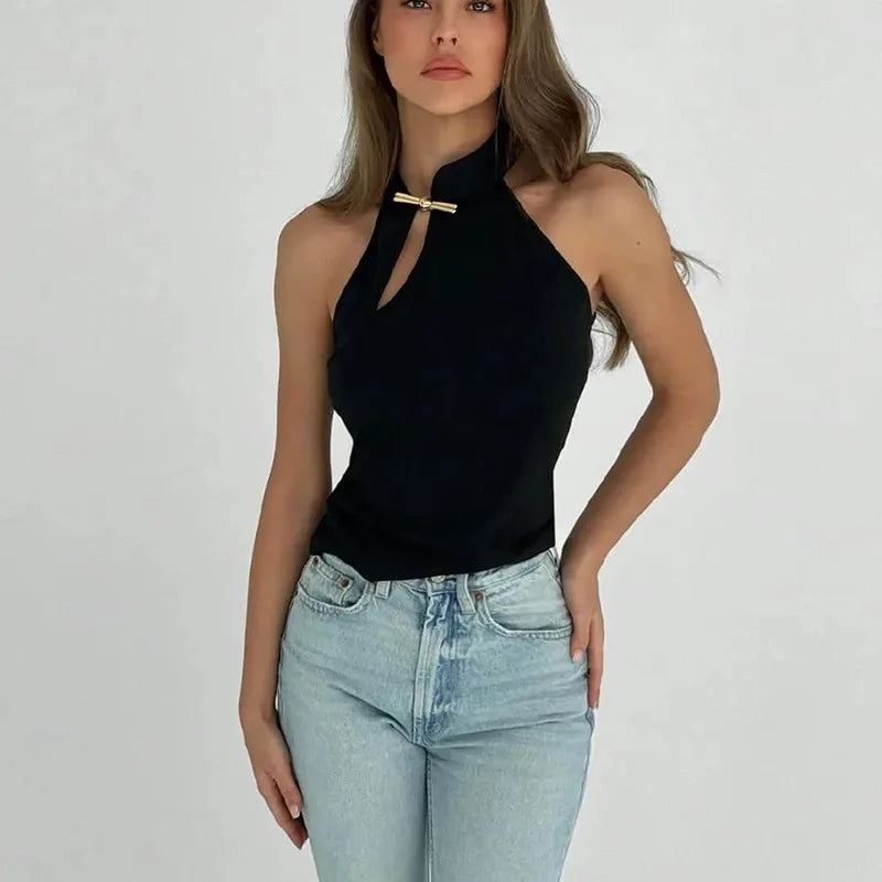 Woman Summer Tops 2025 Hardwear Detail Hollow Stand Collar Sleeveless T-shirt Black White Sexy Tank Top