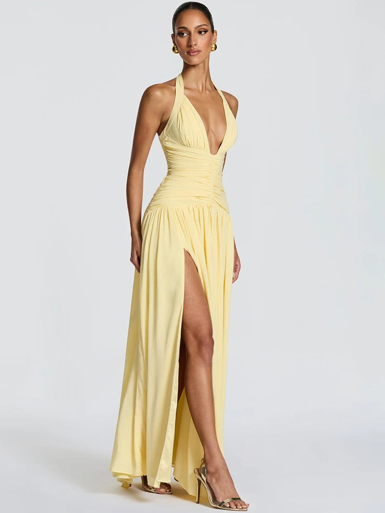 Halter Deep V Neck Sexy Maxi Dress Women Elegant Off-shoulder Sleeveless High Split Pleated Club Party Long Dress