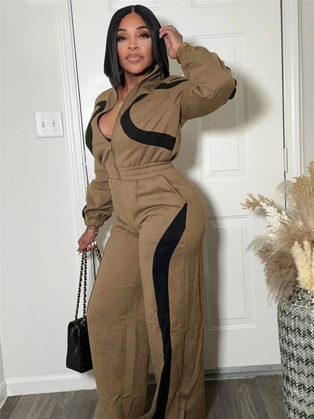 Sporty Patchwork Jumpsuit Women Casual Lapel Spring Ternd Full Sleeve Zip Stretch Hipster Streetwear Straight Overall