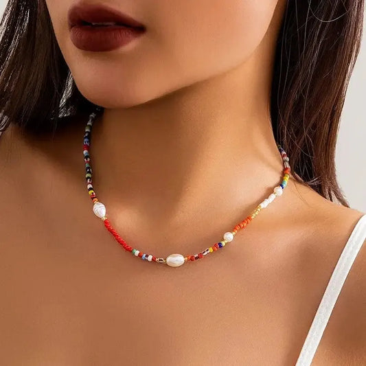 Cute Hip Hop Colorful Rice Beads Short Chokers Necklaces for Women Sweet Bohemian Imitation Pearl Neck Chain Girls Party Jewelry