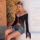 Fringed Long Sleeve Crop Tops 2026 Woman Fall Fashion Sexy T Shirts Black White