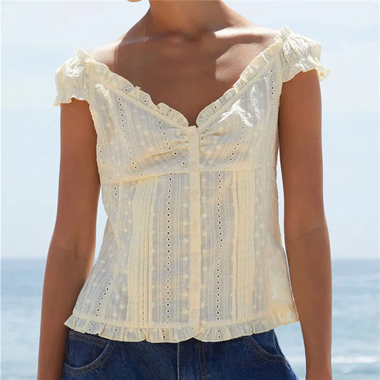 Boho Summer Eyelet Cutout Blouse Ladies Off The Shoulder Ruffle Trim V Neck Button Down Pleated Slim Fit Top Beachwear