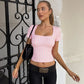 Pink Plaid Print T Shirts Y2k Clothes Woman Summer Square Neck Short Sleeve Crop Tops