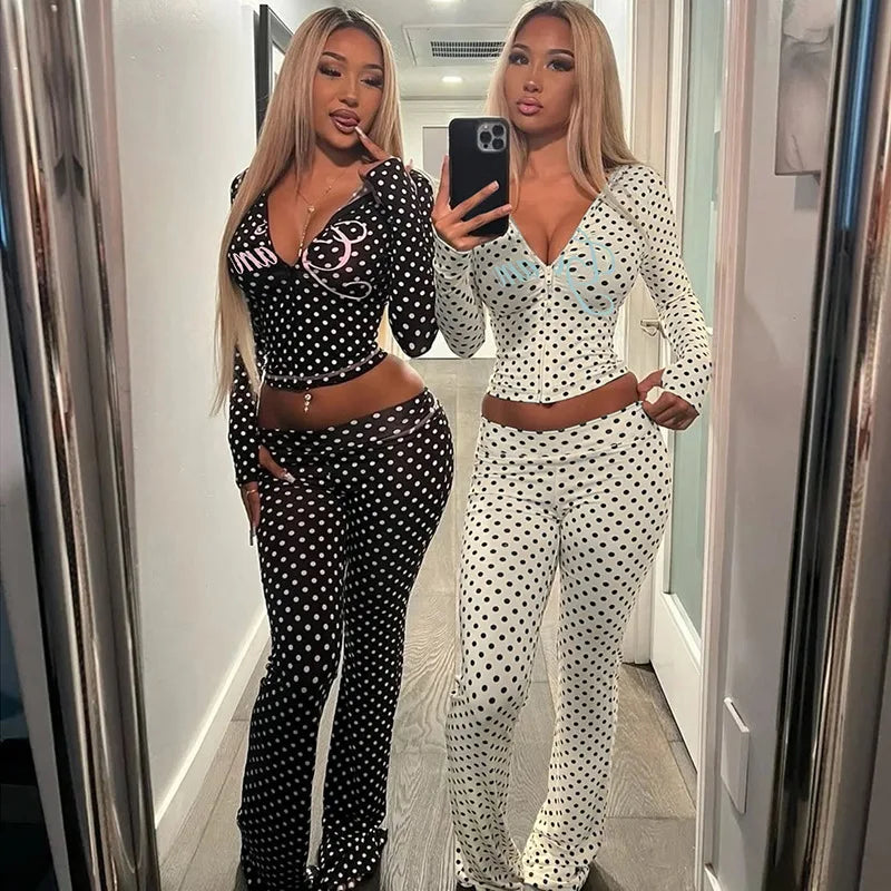 Polka Dot Letter Print 2 Piece Sets Women Outfit Hooded Long Sleeve Top and Pants Fall Fashion Jogging Set