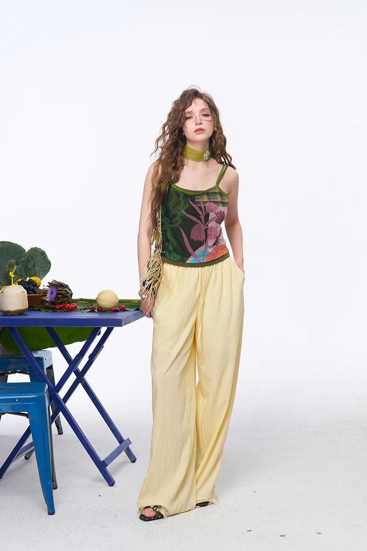Women's Cropped Cami Top with Patchwork Tropical Leaf Print, Contrast Trim Slim Fit Spaghetti Strap Vest for Summer