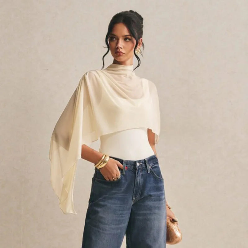 Seethru Mesh Asymmetric Shawl Sleeveless Bodysuits Elegant Woman Clothing 2026 Summer Tops