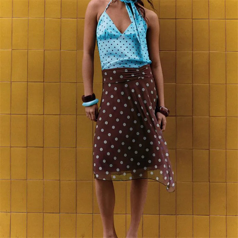 Women Polka Dot Midi Skirt Asymmetric Hem High Waist Ruched Flowy Skirt Y2K Aesthetic Streetwear Summer Beach Skirt