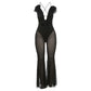 Sexy Black Mesh Jumpsuit Floral Appliques Ruffle Deep V Backless Flare Jumpsuits Women Birthday Outifts