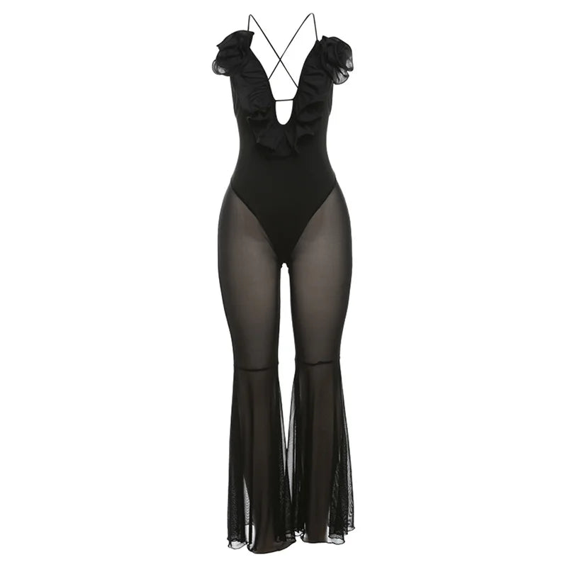 Sexy Black Mesh Jumpsuit Floral Appliques Ruffle Deep V Backless Flare Jumpsuits Women Birthday Outifts