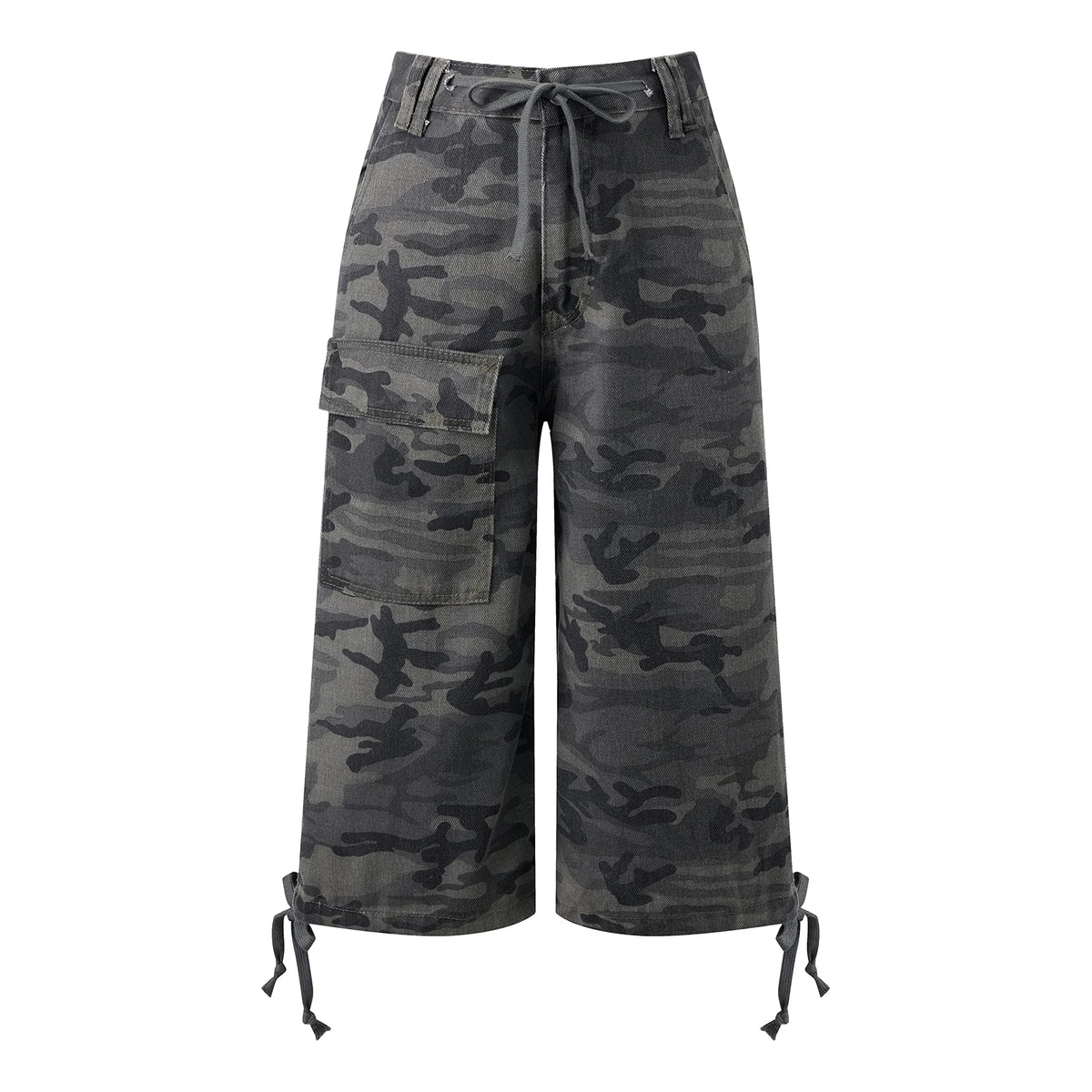 Women Camo Print Cargo Capri Shorts Y2K Baggy Wide Leg Multi Pockets Drawstring Hem Loose Streetwear Casual Bottoms
