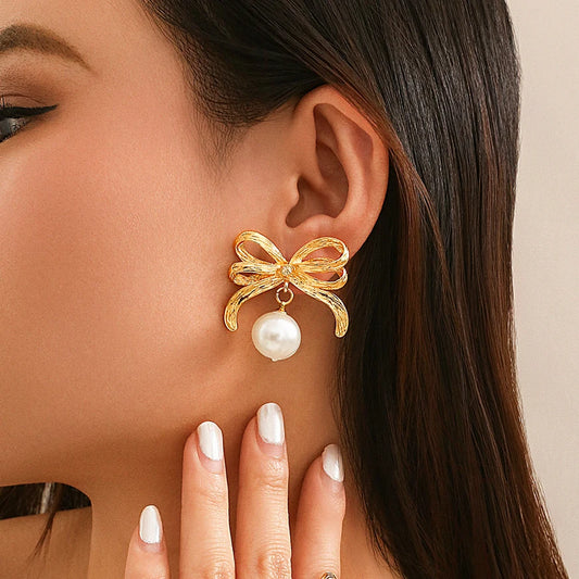 Elegant Bow Bowknot Drop Earrings for Women Trend Imitation Pearl Piercing Hanging Earring Wed Jewelry Accessories