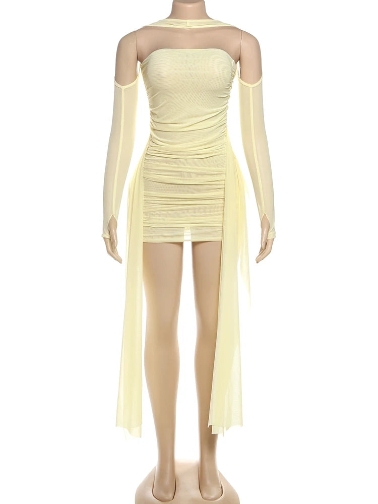See Through Dress+Shawl Women Sexy Summer Side Ribbon Ruched Coquette Skinny Midnight Clubwear Vacation Party Bodycon