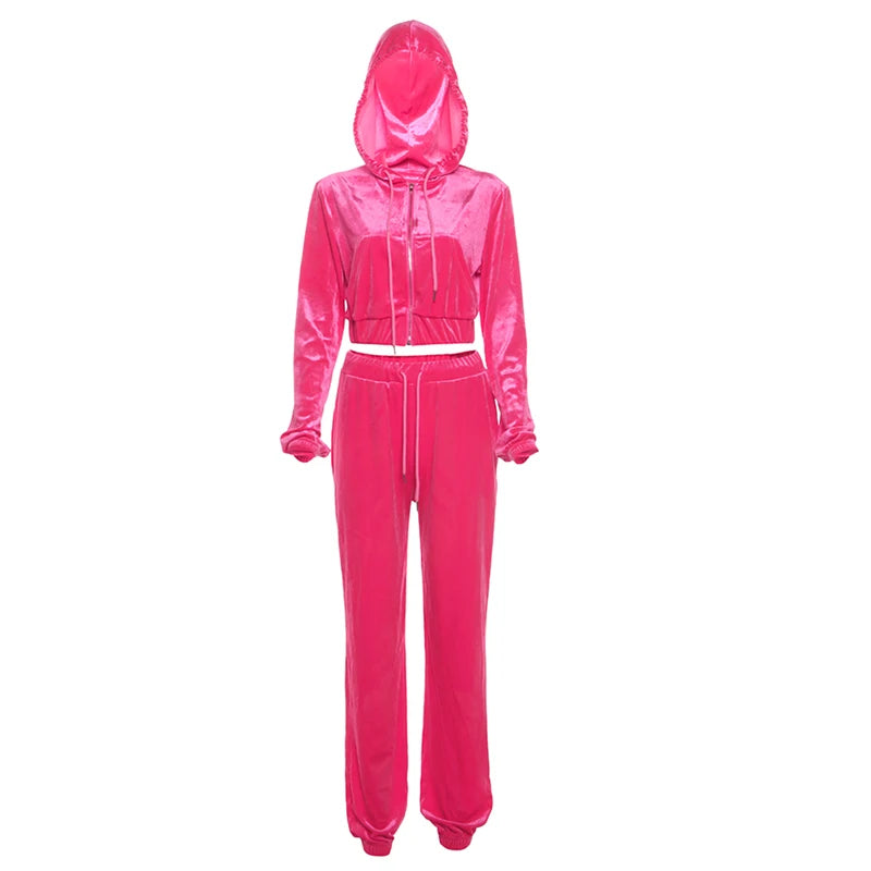 Casual Velvet Women 2 Piece Set Sporty Tracksuit Zip Fall Hooded Jacket Jersey+Harem Pants Skinny Matching Streetwear