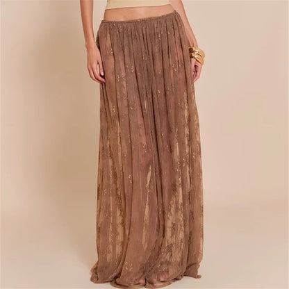 Summer Beachy Sheer Floral Lace Maxi Skirt Elastic Waist See-Through Mesh Long Skirt for Casual Vacation Wear