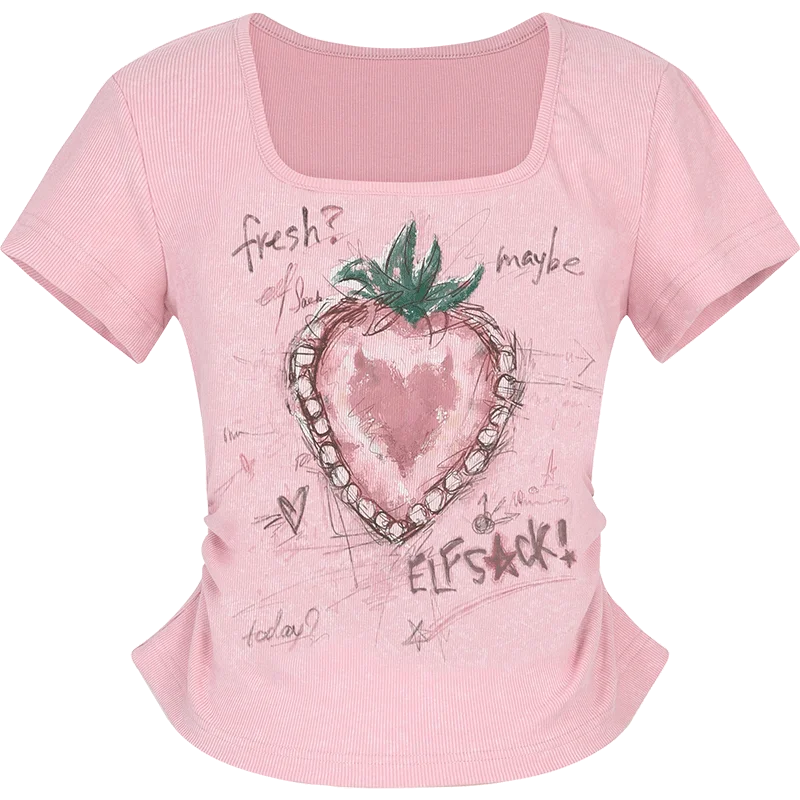 Women's Fitted Square Neck T-Shirt with Sketch Strawberry Heart Graphic Print, Cap Sleeve Ruched Crop Tee for Summer