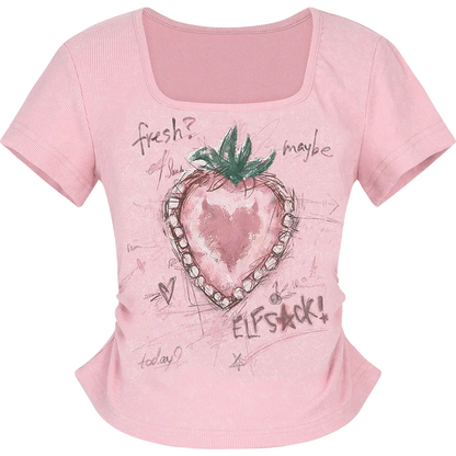 Women's Fitted Square Neck T-Shirt with Sketch Strawberry Heart Graphic Print, Cap Sleeve Ruched Crop Tee for Summer
