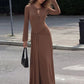 Women Maxi Dress Long Sleeve Twisted Neck Cutout Lace Detail Waist Ruched Sash Bodycon Formal Evening Party Long Dress