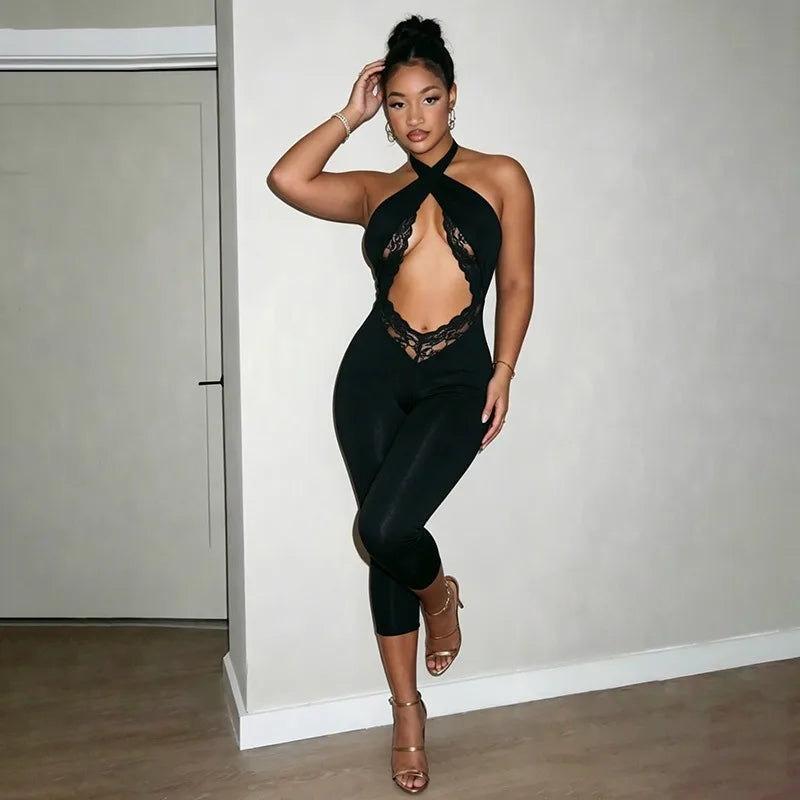 Women Halter Neck Tie Back Jumpsuit Lace Cutout Waist Bodycon Capri Pants Sleeveless Slim Club Party Night Out Outfit