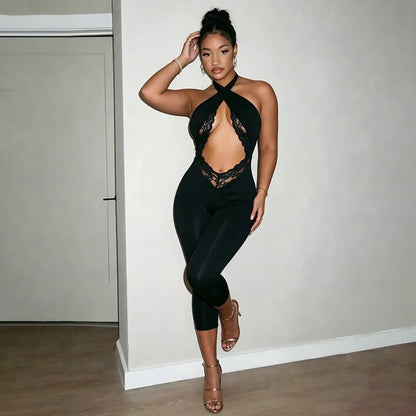 Women Halter Neck Tie Back Jumpsuit Lace Cutout Waist Bodycon Capri Pants Sleeveless Slim Club Party Night Out Outfit