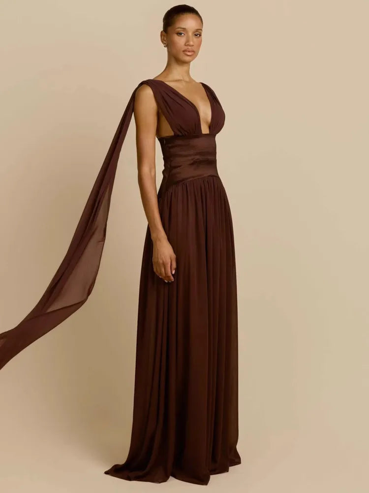 Deep V Neck Backless Sexy Maxi Dress Women Elegant Sleeveless Backless Bodycon Pleated Club Party Long Dress Female