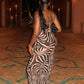 Zebra Stripe Print Sling Dress Woman Low-Neck Bandage Backless High Waist Robe Midnight Club Party Sexy Long Bodycon
