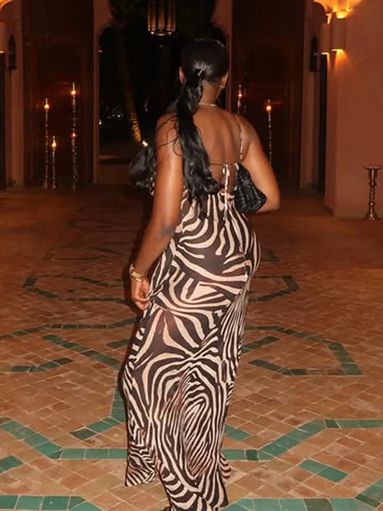 Zebra Stripe Print Sling Dress Woman Low-Neck Bandage Backless High Waist Robe Midnight Club Party Sexy Long Bodycon
