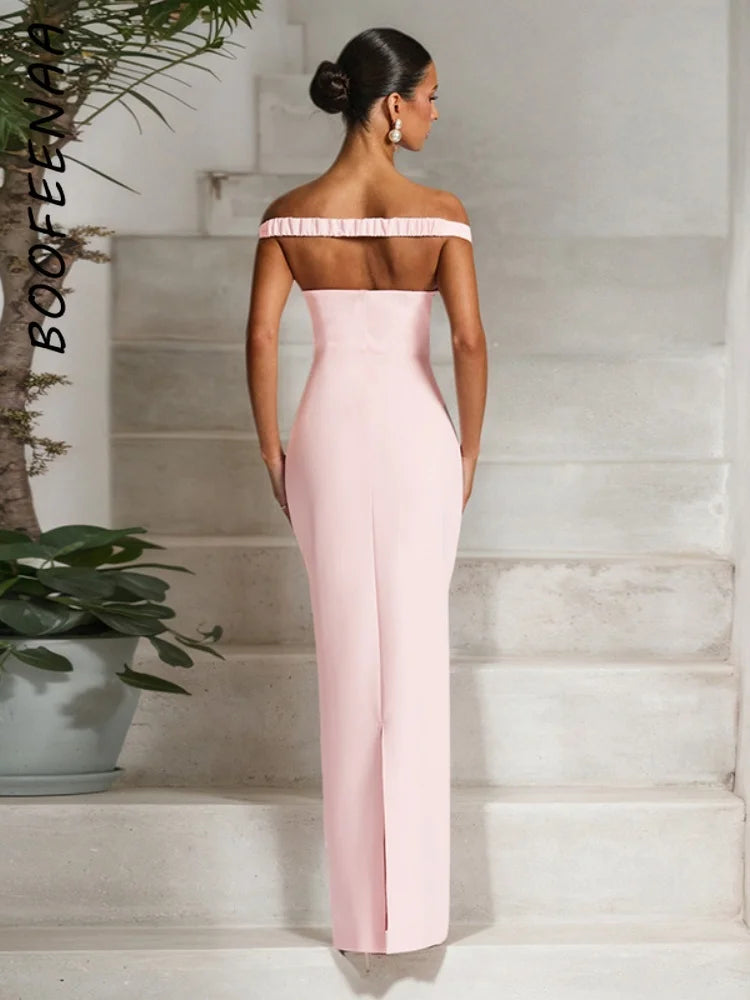 Sexy Off Shoulder Backless Long Maxi Dresses Wedding Guest Party Pink Dress Woman Elegant Evening Gown
