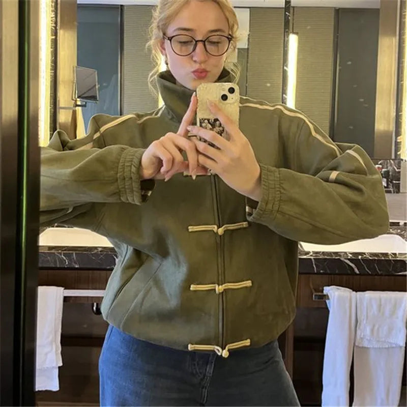 Ladies Stand Collar Zip Up Outerwear Chinese Frog Buttons Side Striped Oversized Loose Suede Jacket Vintage Streetwear