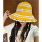 Women's Crochet Straw Bucket Hat with Colorful Bead Chain, Striped Woven Sun Hat for Summer Beach, Cute Casual Vacation