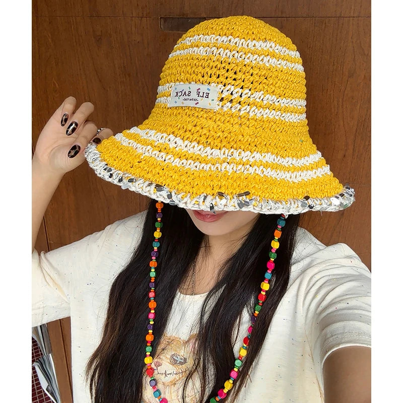 Women's Crochet Straw Bucket Hat with Colorful Bead Chain, Striped Woven Sun Hat for Summer Beach, Cute Casual Vacation